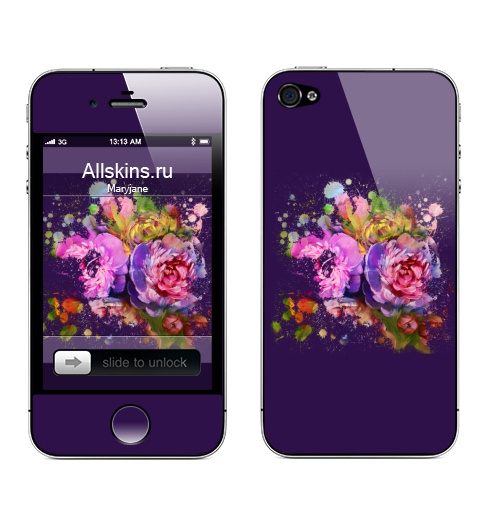 Наклейка на Телефон Apple iPhone 4S, 4 Композиция из цветов пионов,  купить в Москве – интернет-магазин Allskins, масло, краски, розовый, сиреневый, пионы, букет, цветы