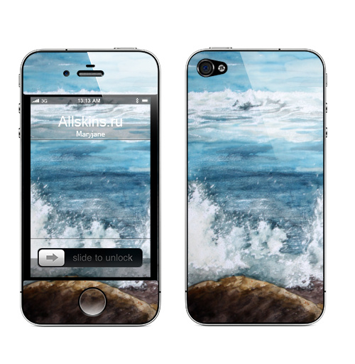 Наклейка на Телефон Apple iPhone 4S, 4 Танец пены морской,  купить в Москве – интернет-магазин Allskins, морская, волны, лето, брызги, синий, живопись, акварель