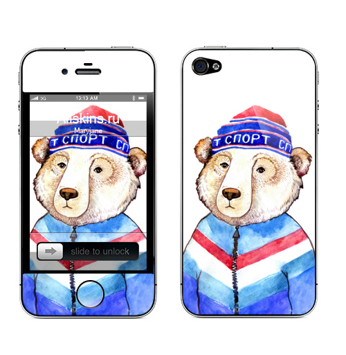 Наклейка на Телефон Apple iPhone 4S, 4 Мишаня,  купить в Москве – интернет-магазин Allskins, крутые животные, милые животные, синий, шапка, животные, спорт, михалыч, медведь, Россия, патриотические