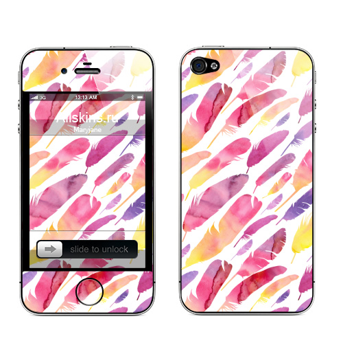 Наклейка на Телефон Apple iPhone 4S, 4 Акварельные перышки на белом фоне,  купить в Москве – интернет-магазин Allskins, перья, фиолетовый, сиреневый, лимонный, розовый, градиент, текстура, акварель