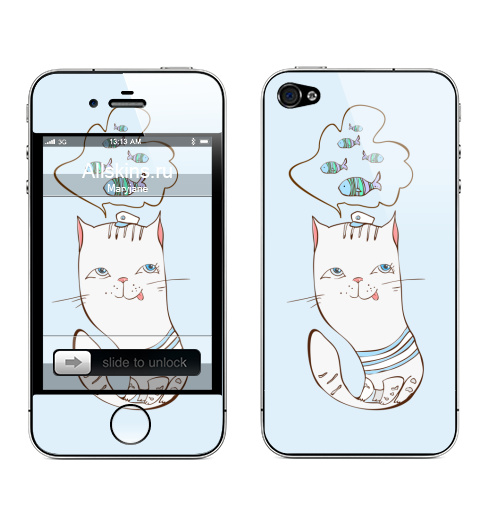 Наклейка на Телефон Apple iPhone 4S, 4 Котик и рыбки ,  купить в Москве – интернет-магазин Allskins, кошка, рыба, еда, животные, радость, морская