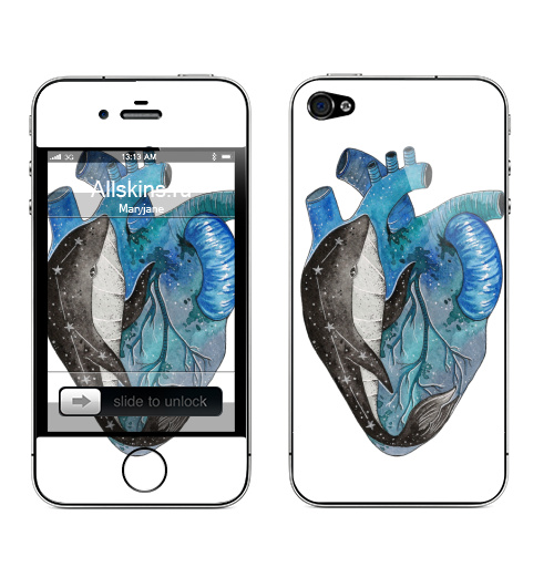 Наклейка на Телефон Apple iPhone 4S, 4 Космический кит,  купить в Москве – интернет-магазин Allskins, акварель, киты, сердце, космос, созвездие