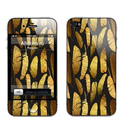 Наклейка на Телефон Apple iPhone 4S, 4 - Золотые перья -,  купить в Москве – интернет-магазин Allskins, фольга, текстура, золото, черный, перья, контур