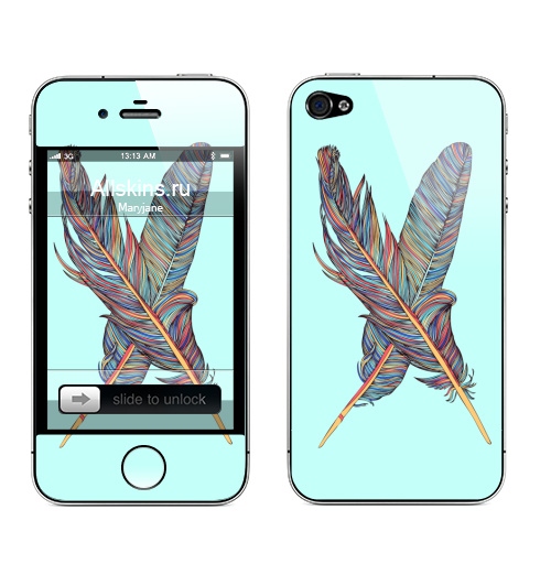 Наклейка на Телефон Apple iPhone 4S, 4 • Перья •,  купить в Москве – интернет-магазин Allskins, иллюстация, красота, природа, животные, птицы, цвет, графика, перья