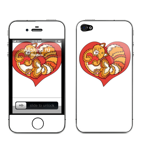 Наклейка на Телефон Apple iPhone 4S, 4 Сердечный кот,  купить в Москве – интернет-магазин Allskins, влюблённым, рыжий, красный, сердце, кошка