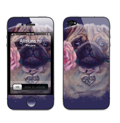 Наклейка на Телефон Apple iPhone 4S, 4 Мопсик с розой,  купить в Москве – интернет-магазин Allskins, цветы, любовь, животные, собаки, Мопс