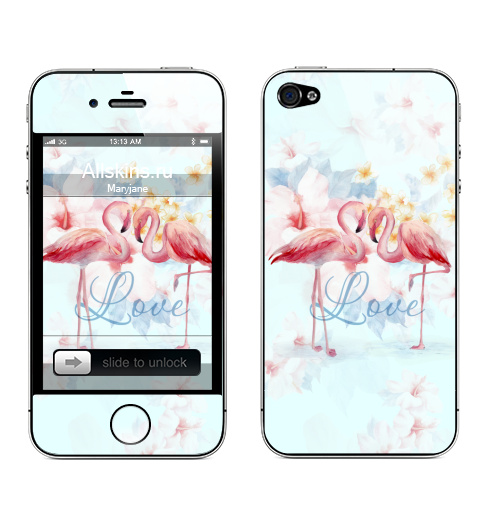 Наклейка на Телефон Apple iPhone 4S, 4 Влюбленные фламинго,  купить в Москве – интернет-магазин Allskins, любовь, фламинго, птицы, лето, влюблённым, акварель