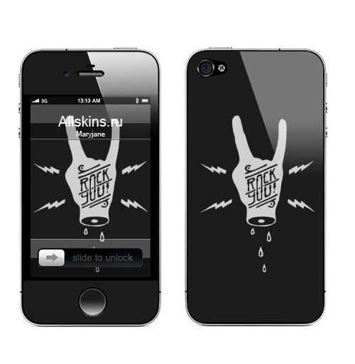 Наклейка на Телефон Apple iPhone 4S, 4 Рок Ю,  купить в Москве – интернет-магазин Allskins, металл, rock, дудлы, типографика, руки, капли, кровь