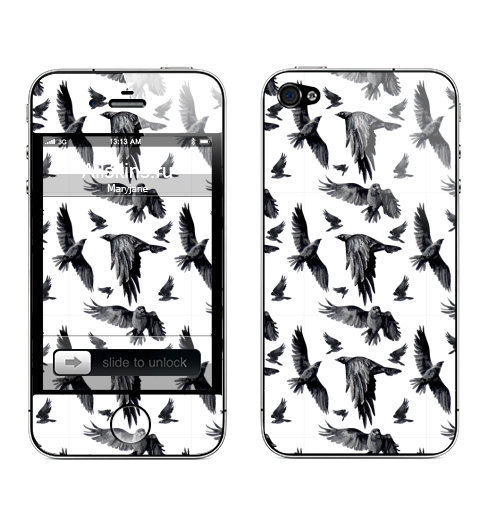 Наклейка на Телефон Apple iPhone 4S, 4 Галки,  купить в Москве – интернет-магазин Allskins, черно-белое, акварель, птицы, узор