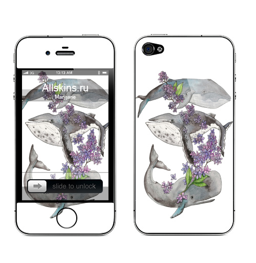 Наклейка на Телефон Apple iPhone 4S, 4 Весенние киты,  купить в Москве – интернет-магазин Allskins, киты, акварель, цветы