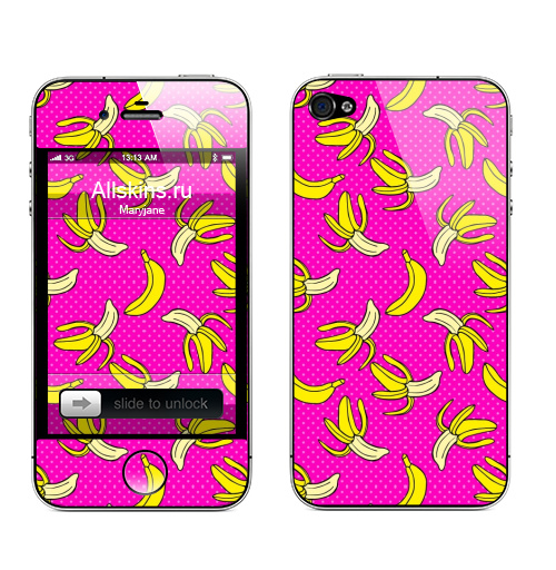 Наклейка на Телефон Apple iPhone 4S, 4 Сочный банановый паттерн,  купить в Москве – интернет-магазин Allskins, яркий, лето, ретро, тропический, фрукты, паттерн, узор, банан, поп-арт