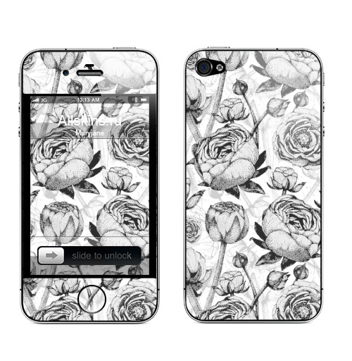 Наклейка на Телефон Apple iPhone 4S, 4 Пионы на белом,  купить в Москве – интернет-магазин Allskins, цветы, пионы, паттерн, полнаязапечатка, романтика, монохром, сад, бутон, листья