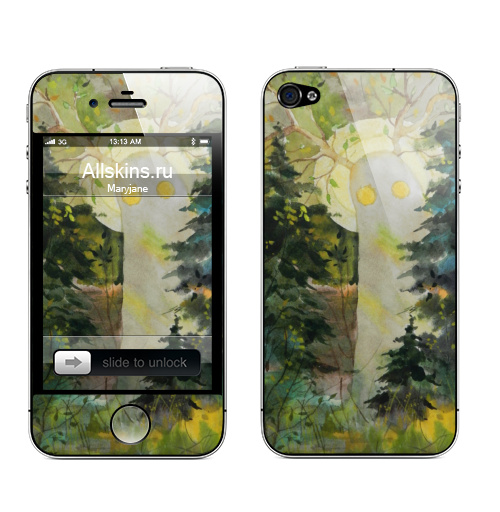 Наклейка на Телефон Apple iPhone 4S, 4 Встреча с лесным духом,  купить в Москве – интернет-магазин Allskins, акварель, елка, ветка, привидение, лес, дух