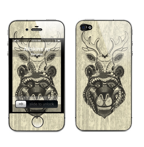 Наклейка на Телефон Apple iPhone 4S, 4 Забодай,  купить в Москве – интернет-магазин Allskins, черно-белое, олень, медведь, природа, дружба, персонажи, графика, животные