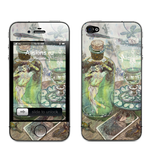 Наклейка на Телефон Apple iPhone 4S, 4 Фея абсента,  купить в Москве – интернет-магазин Allskins, сказки, акварель, алкоголь, Абсент, стрекоза, насекомые, зеленый, фея