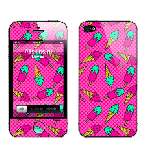 Наклейка на Телефон Apple iPhone 4S, 4 Сочный летний розовый паттерн с мороженым,  купить в Москве – интернет-магазин Allskins, узор, мороженое, рожок, еда, крем, сладости, лето