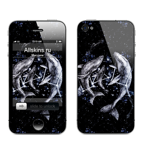 Наклейка на Телефон Apple iPhone 4S, 4 Межгалактические киты,  купить в Москве – интернет-магазин Allskins, полностьючерный, небо, животные, ночь, звезда, космос, киты