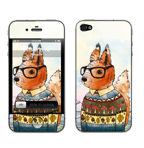 Наклейка на Телефон Apple iPhone 4S, 4 Белка в свитере,  купить в Москве – интернет-магазин Allskins, милые животные, белка, хипстер, свитер, зверушки, животные, природа, оранжевый