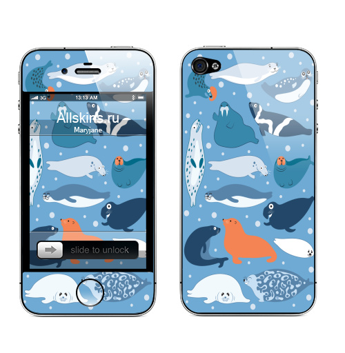 Наклейка на Телефон Apple iPhone 4S, 4 Ластоногие,  купить в Москве – интернет-магазин Allskins, мимими, веселый, забавный, тюлень, тюлени, морж, белёк, голубой, морская
