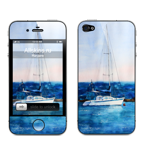 Наклейка на Телефон Apple iPhone 4S, 4 Тихая гавань,  купить в Москве – интернет-магазин Allskins, морская, лодка, яхта, синий, лето, плакат, живопись