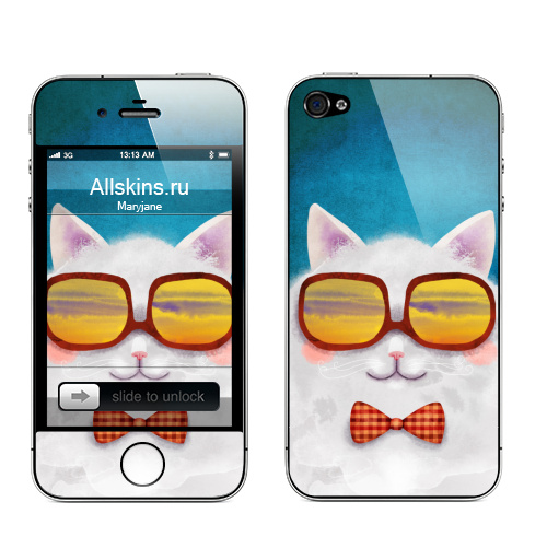 Наклейка на Телефон Apple iPhone 4S, 4 Котофей,  купить в Москве – интернет-магазин Allskins, милые животные, Ушки, мило, бабочки, очки, кошка