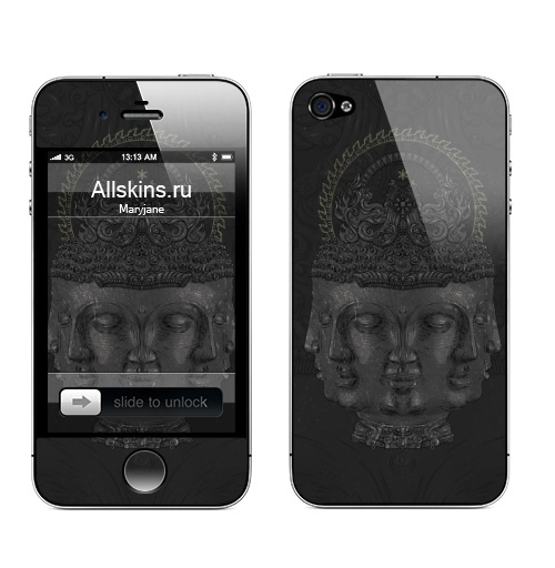 Наклейка на Телефон Apple iPhone 4S, 4 Лики Будды,  купить в Москве – интернет-магазин Allskins, черно-белое, голова, графика, буддизм, магия, сакральное