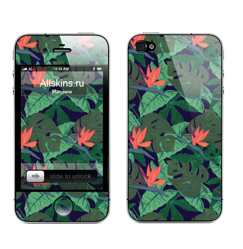 Наклейка на Телефон Apple iPhone 4S, 4 Тропический паттерн,  купить в Москве – интернет-магазин Allskins, сочный, монстера, птицы, рай, цветы, текстура, паттерн, джунгли, тропики
