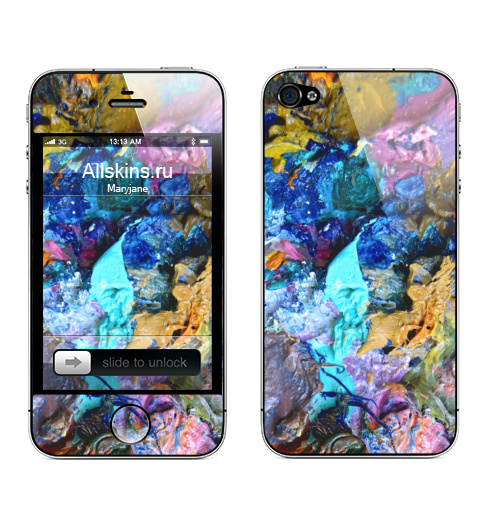 Наклейка на Телефон Apple iPhone 4S, 4 Застывшие краски на палитре ,  купить в Москве – интернет-магазин Allskins, краски, голубой, яркий, сочно, сочный, весеье, веселый, весёлое, радость