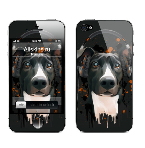 Наклейка на Телефон Apple iPhone 4S, 4 Пёс меломан,  купить в Москве – интернет-магазин Allskins, крутые животные, собаки, веселый, черный, животные, меломан, музыка, милые животные