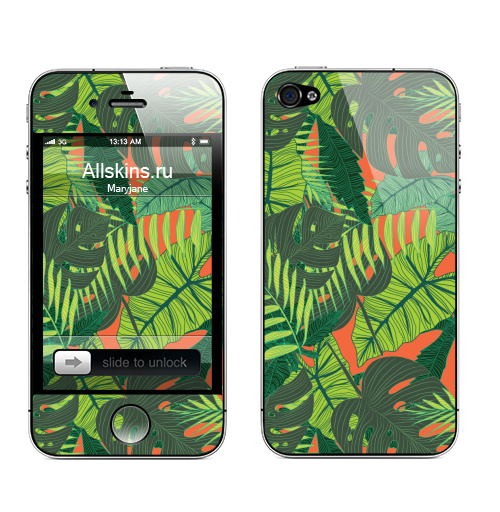 Наклейка на Телефон Apple iPhone 4S, 4 Тропический принт,  купить в Москве – интернет-магазин Allskins, дистья, монстера, монстры, птицы, цветы, текстура, паттерн, джунгли, тропики