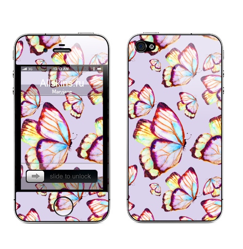 Наклейка на Телефон Apple iPhone 4S, 4 Бабочки мерцают,  купить в Москве – интернет-магазин Allskins, мерцать, паттерн, бабочки, мотылек, узор, сиреневый, цвет, яркий, нежно