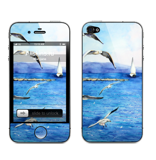 Наклейка на Телефон Apple iPhone 4S, 4 Морские чайки,  купить в Москве – интернет-магазин Allskins, акварель, морская, синий, чайка, отдых, волны