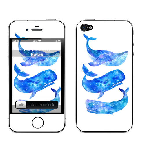Наклейка на Телефон Apple iPhone 4S, 4 Акварельные синие киты,  купить в Москве – интернет-магазин Allskins, прохлада, свежесть, отпуск, глубина, вода, морская, океаны, лето, синий