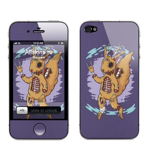Наклейка на Телефон Apple iPhone 4S, 4 Зомби-белка,  купить в Москве – интернет-магазин Allskins, животные, белка, зомби, фиолетовый, мужские, оранжевый, татуировки