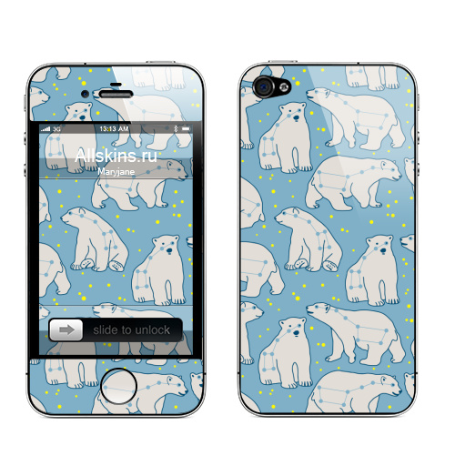 Наклейка на Телефон Apple iPhone 4S, 4 Мишки созвездия,  купить в Москве – интернет-магазин Allskins, звезда, созвездие, малая, большая, медведица, дикий, белый, животные, медведь