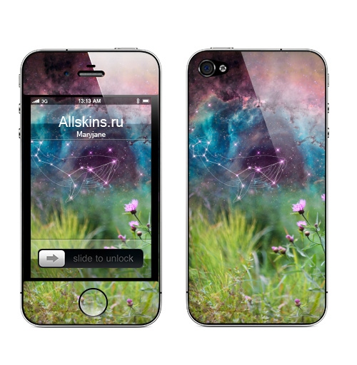 Наклейка на Телефон Apple iPhone 4S, 4 Сон про кита и васильки,  купить в Москве – интернет-магазин Allskins, сон, васильки, фантазия, мечта, природа, галактика, цветы, киты, космос