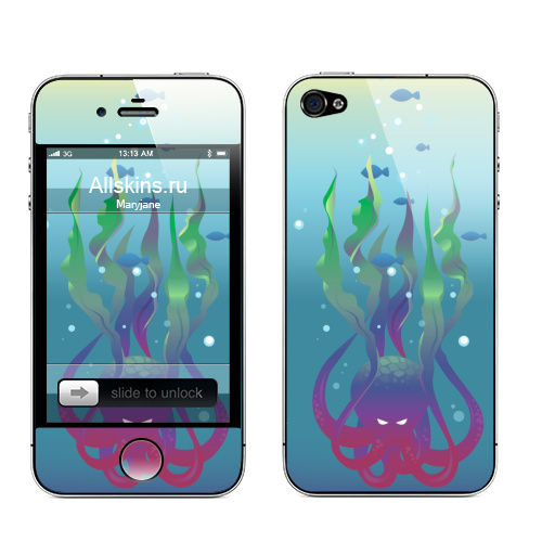 Наклейка на Телефон Apple iPhone 4S, 4 Осьминог и водоросли,  купить в Москве – интернет-магазин Allskins, морская, вода, рыба, осьминог, растение, океаны, фантазия