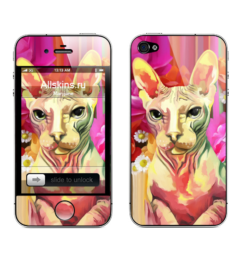 Наклейка на Телефон Apple iPhone 4S, 4 Цветочная фея.,  купить в Москве – интернет-магазин Allskins, кошка, Сфинкс, цветы, лето, яркий, красный, оранжевый, розы, ромашки