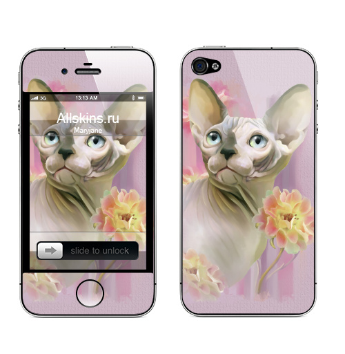 Наклейка на Телефон Apple iPhone 4S, 4 Сфинкс с розами.,  купить в Москве – интернет-магазин Allskins, кошка, Сфинкс, цветы, лето, розы, фиолетовый, лиловый, сфинксы