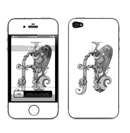 Наклейка на Телефон Apple iPhone 4S, 4 Драконобуква А,  купить в Москве – интернет-магазин Allskins, типографика, дракон, цветы, меч, черный