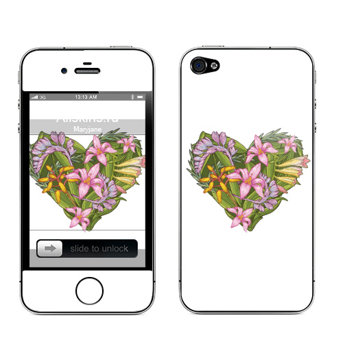 Наклейка на Телефон Apple iPhone 4S, 4 Сердце из тропических растений,  купить в Москве – интернет-магазин Allskins, любовь, сердце, яркий, лето, лес, цветы, голубой, желтый