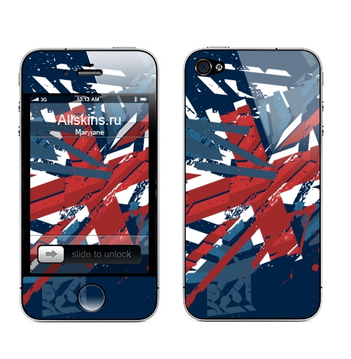 Наклейка на Телефон Apple iPhone 4S, 4 Британский флаг, таки порвал,  купить в Москве – интернет-магазин Allskins, британский, флаг, гранж, синий, красный, белый, голубой, алый, Англия