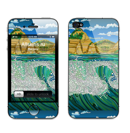 Наклейка на Телефон Apple iPhone 4S, 4 Серф но острове ломбок,  купить в Москве – интернет-магазин Allskins, волны, серфинг, морская, горы, цвет, графика
