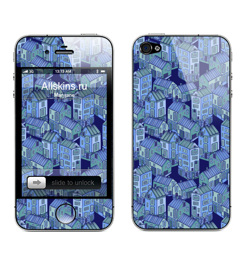 Наклейка на Телефон Apple iPhone 4S, 4 Текстура с голубыми домиками,  купить в Москве – интернет-магазин Allskins, голубой, дома, домики, мило, текстура, паттерн, город