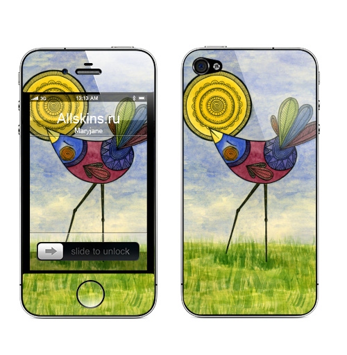 Наклейка на Телефон Apple iPhone 4S, 4 Птица на очень длинных ногах,  купить в Москве – интернет-магазин Allskins, птицы, природа, перья, разноцветный, разноцветное
