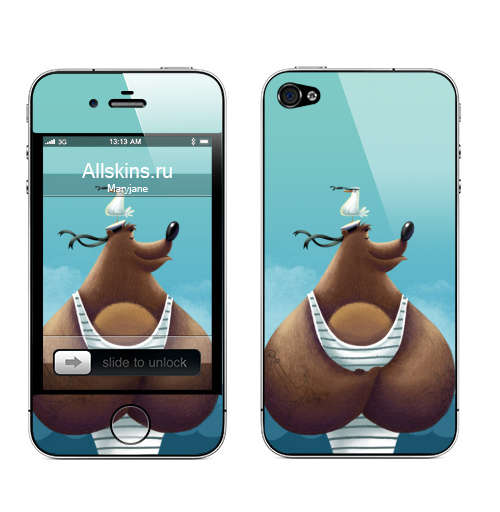 Наклейка на Телефон Apple iPhone 4S, 4 Миша Морячок,  купить в Москве – интернет-магазин Allskins, медведь, чайка, морская