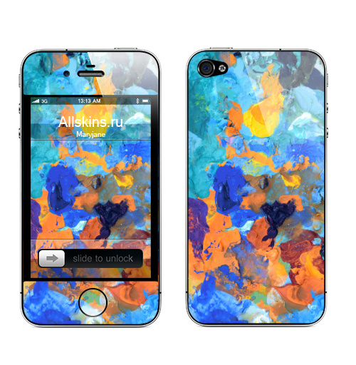 Наклейка на Телефон Apple iPhone 4S, 4 Голубое и оранжевое,  купить в Москве – интернет-магазин Allskins, голубой, синий, синее, оранжевый, земля, яркий, морская, сочно, клякса