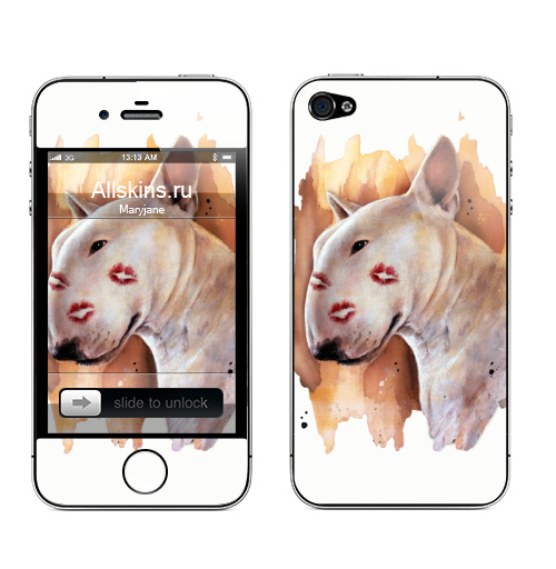 Наклейка на Телефон Apple iPhone 4S, 4 Бультерьер зацелованный,  купить в Москве – интернет-магазин Allskins, крутые животные, бультерьер, собаки, поцелуй