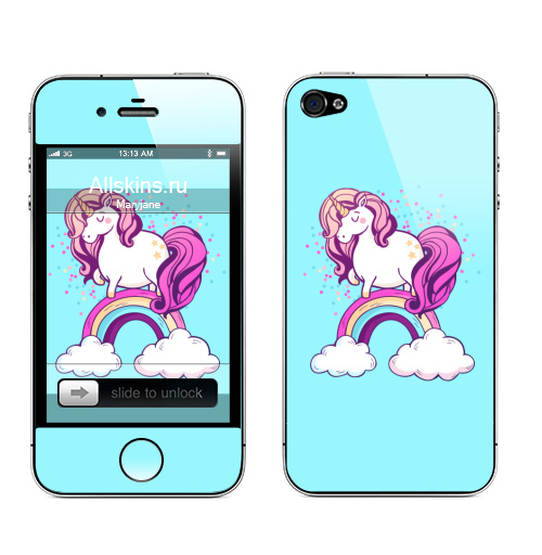 Наклейка на Телефон Apple iPhone 4S, 4 Единорог на радуге ,  купить в Москве – интернет-магазин Allskins, милые животные, единорог, радуга, конфетти, салют, магия, мило, лошадь, животные, детские