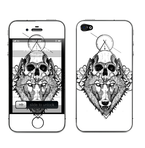 Наклейка на Телефон Apple iPhone 4S, 4 Санитар леса ,  купить в Москве – интернет-магазин Allskins, черно-белое, татуировки, лайнворк, волк, череп
